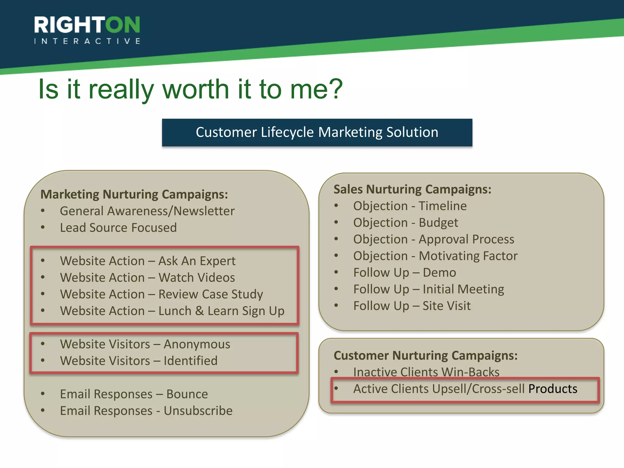 Is it really worth it to me?
                           Customer Lifecycle Marketing Solution


Marketing Nurturing Campaigns:                 Sales Nurturing Campaigns:
• General Awareness/Newsletter                 • Objection - Timeline
• Lead Source Focused                          • Objection - Budget
                                               • Objection - Approval Process
•   Website Action – Ask An Expert             • Objection - Motivating Factor
•   Website Action – Watch Videos              • Follow Up – Demo
•   Website Action – Review Case Study         • Follow Up – Initial Meeting
•   Website Action – Lunch & Learn Sign Up     • Follow Up – Site Visit

•   Website Visitors – Anonymous
•   Website Visitors – Identified              Customer Nurturing Campaigns:
                                               • Inactive Clients Win-Backs
•   Email Responses – Bounce                   • Active Clients Upsell/Cross-sell Products
•   Email Responses - Unsubscribe
 
