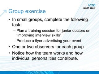 Group exercise
• In small groups, complete the following
task:
– Plan a training session for junior doctors on
‘Improving interview skills’
– Produce a flyer advertising your event
• One or two observers for each group
• Notice how the team works and how
individual personalities contribute.
 