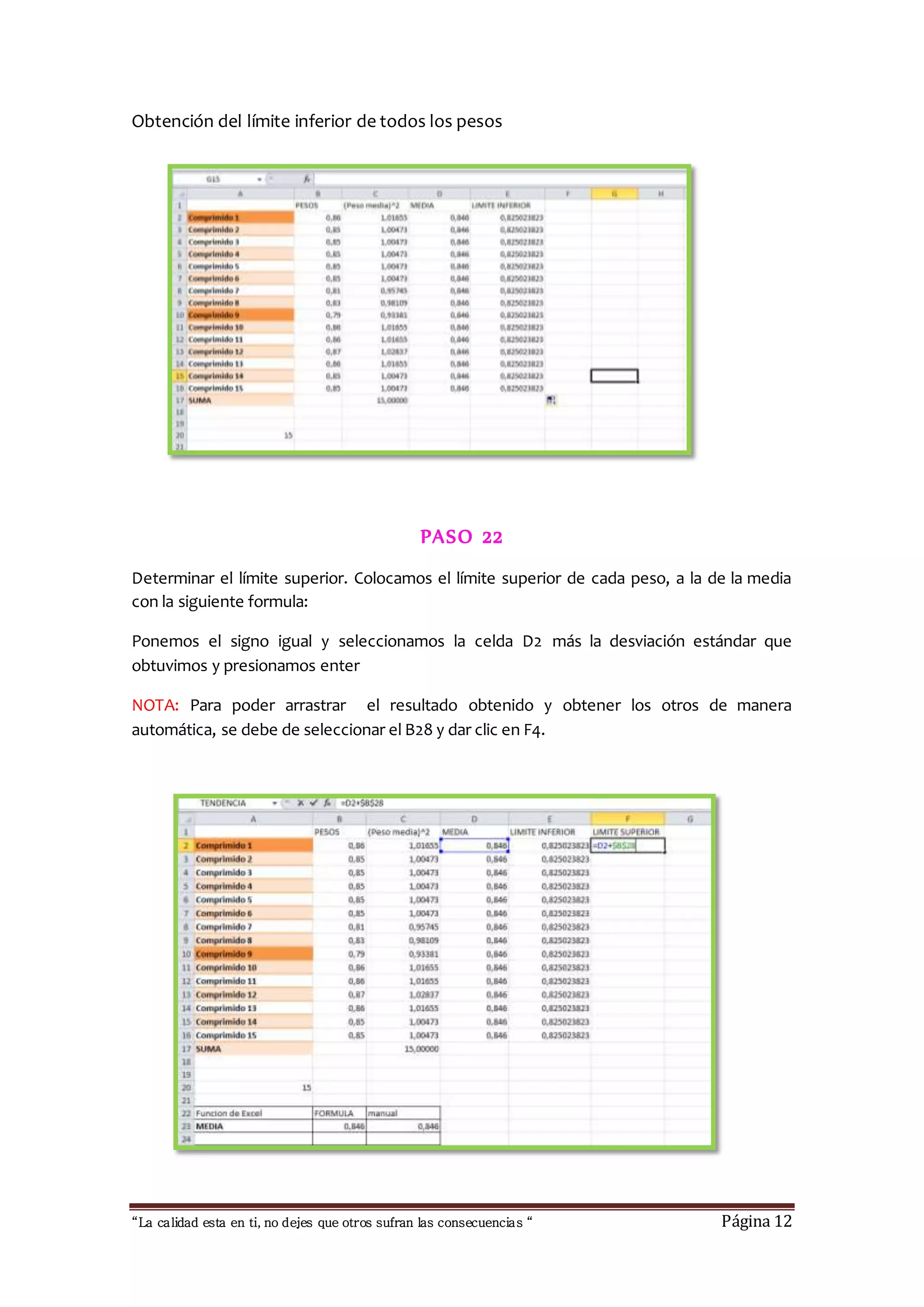 Obtención del límite inferior de todos los pesos 
PASO 22 
Determinar el límite superior. Colocamos el límite superior de cada peso, a la de la media 
con la siguiente formula: 
Ponemos el signo igual y seleccionamos la celda D2 más la desviación estándar que 
obtuvimos y presionamos enter 
NOTA: Para poder arrastrar el resultado obtenido y obtener los otros de manera 
automática, se debe de seleccionar el B28 y dar clic en F4. 
“La calidad esta en ti, no dejes que otros sufran las consecuencias “ Página 12 
 