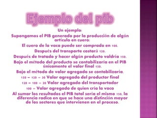 Un ejemplo:
Supongamos el PIB generado por la producción de algún
artículo en cuero:
El cuero de la vaca puede ser comprado en 100.
Después del transporte costará 120.
Después de tratado y hacer algún producto valdría 150.
Bajo el método del producto se contabilizaría en el PIB
únicamente el valor final 150.
Bajo el método de valor agregado se contabilizaría.
150 – 120 = 30 Valor agregado del productor final
120 – 100 = 20 Valor agregado del transportador
100 = Valor agregado de quien cría la vaca
Al sumar los resultados el PIB total sería el mismo 150, la
diferencia radica en que se hace una distinción mayor
de los sectores que intervienen en el proceso.
 