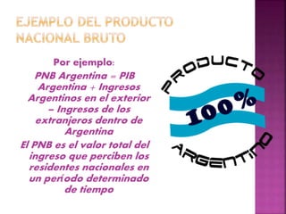 Por ejemplo:
PNB Argentina = PIB
Argentina + Ingresos
Argentinos en el exterior
– Ingresos de los
extranjeros dentro de
Argentina
El PNB es el valor total del
ingreso que perciben los
residentes nacionales en
un período determinado
de tiempo
 