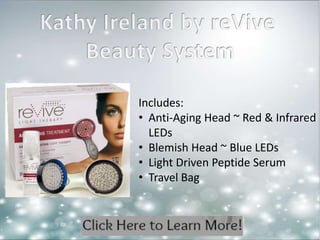 Includes: 
• Anti-Aging Head ~ Red & Infrared 
LEDs 
• Blemish Head ~ Blue LEDs 
• Light Driven Peptide Serum 
• Travel Bag 
 