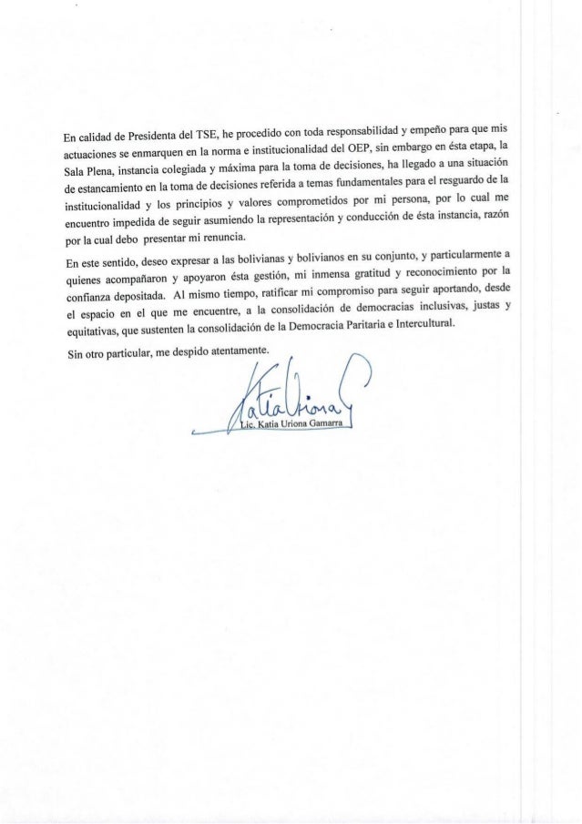 Carta de renuncia de la presidenta del Tribunal Electoral.