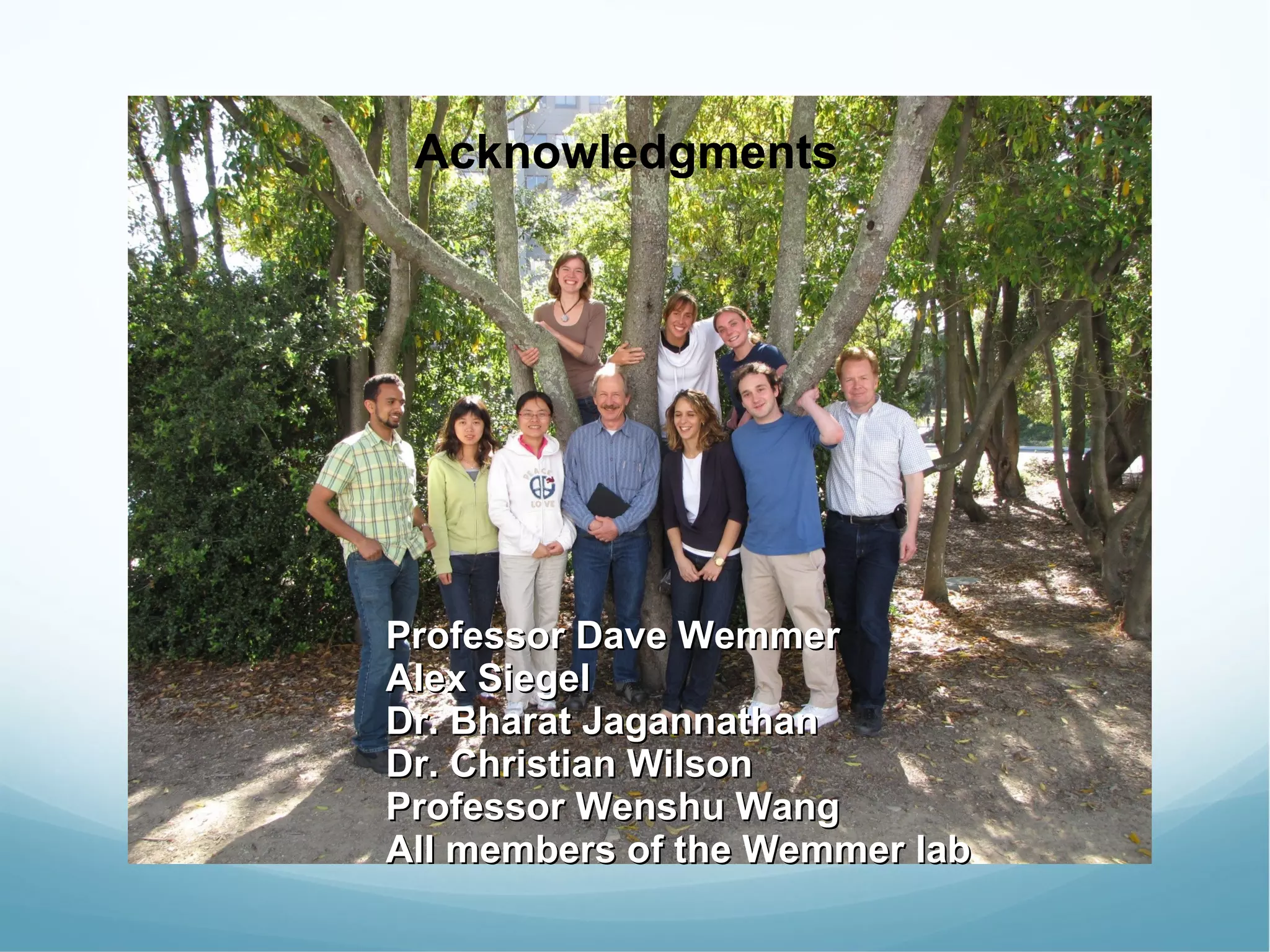 Acknowledgments Professor Dave Wemmer Alex Siegel Dr. Bharat Jagannathan Dr. Christian Wilson Professor Wenshu Wang All members of the Wemmer lab Acknowledgments 