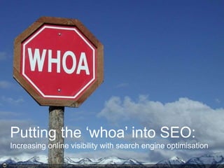 Photo by emeraldisledruid - Creative Commons Attribution-Generic-ShareAlike License https://www.flickr.com/photos/druidicparadise/367212065
Putting the ‘whoa’ into SEO:
Increasing online visibility with search engine optimisation
 