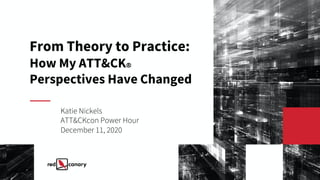 From Theory to Practice:
How My ATT&CKⓇ
Perspectives Have Changed
Katie Nickels
ATT&CKcon Power Hour
December 11, 2020
 
