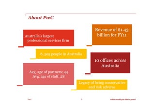 About PwC

                                  Revenue of $1.43
Australia’s largest                billion for FY11
 profess...