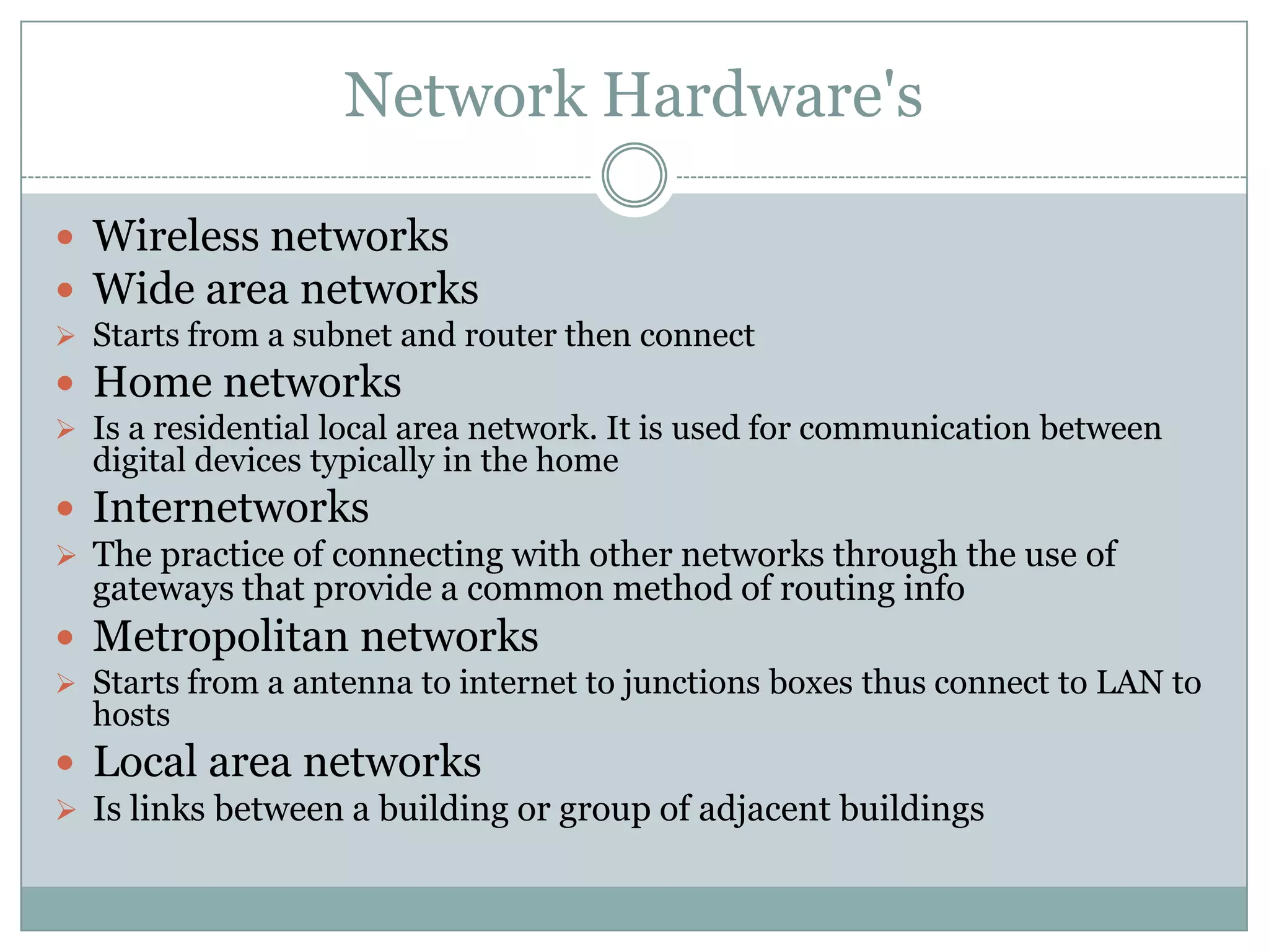MAN/CANLAN NetworkLocal Area NetworkSupplies networking capability to a group of computers in close proximity to each other such in an office