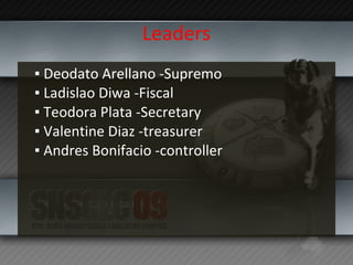 Leaders ▪  Deodato Arellano -Supremo ▪ Ladislao Diwa -Fiscal ▪ Teodora Plata -Secretary ▪ Valentine Diaz -treasurer ▪ Andres Bonifacio -controller 
