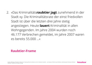 Ergebnis Gruppe 1:
Teilnehmer entscheiden sich für  
präventive Sozialpolitik zur Verbrechensreduzierung!
Für bessere Bildung und Abbau von Armut.
Gesellschaft stärken und widerstandsfähiger gegen
den ›den Virus Kriminalität‹ machen.
In Anlehnung an: Wehling, Elisabeth. Politisches Framing: Wie eine Nation sich ihr Denken einredet - und daraus Politik macht (edition medienpraxis)
(German Edition) (Seite 50). Herbert von Halem Verlag.
 
