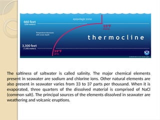 The saltiness of saltwater is called salinity. The major chemical elements
present in seawater are sodium and chlorine ions. Other natural elements are
also present in seawater varies from 33 to 37 parts per thousand. When it is
evaporated, three quarters of the dissolved material is comprised of NaCl
(common salt). The principal sources of the elements dissolved in seawater are
weathering and volcanic eruptions.
 