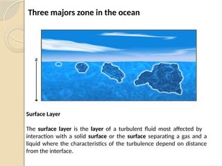Surface Layer
The surface layer is the layer of a turbulent fluid most affected by
interaction with a solid surface or the surface separating a gas and a
liquid where the characteristics of the turbulence depend on distance
from the interface.
Three majors zone in the ocean
 