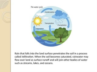 Rain that falls into the land surface penetrates the soil in a process
called infiltration. When the soil becomes saturated, rainwater may
flow over land as surface runoff and will join other bodies of water
such as streams, lakes, and oceans.
 