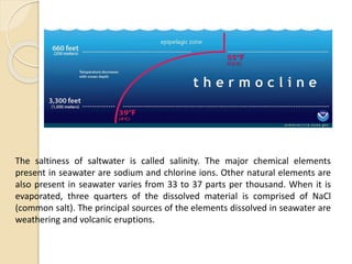 The saltiness of saltwater is called salinity. The major chemical elements
present in seawater are sodium and chlorine ions. Other natural elements are
also present in seawater varies from 33 to 37 parts per thousand. When it is
evaporated, three quarters of the dissolved material is comprised of NaCl
(common salt). The principal sources of the elements dissolved in seawater are
weathering and volcanic eruptions.
 