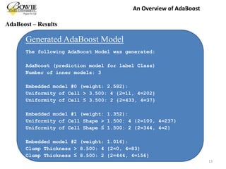 AdaBoost – Results
13
Generated AdaBoost Model
The following AdaBoost Model was generated:
AdaBoost (prediction model for label Class)
Number of inner models: 3
Embedded model #0 (weight: 2.582):
Uniformity of Cell > 3.500: 4 {2=11, 4=202}
Uniformity of Cell ≤ 3.500: 2 {2=433, 4=37}
Embedded model #1 (weight: 1.352):
Uniformity of Cell Shape > 1.500: 4 {2=100, 4=237}
Uniformity of Cell Shape ≤ 1.500: 2 {2=344, 4=2}
Embedded model #2 (weight: 1.016):
Clump Thickness > 8.500: 4 {2=0, 4=83}
Clump Thickness ≤ 8.500: 2 {2=444, 4=156}
An Overview of AdaBoost
 