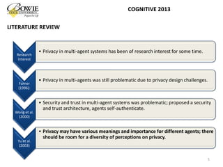 LITERATURE REVIEW
5
COGNITIVE 2013
Research
Interest
• Privacy in multi-agent systems has been of research interest for some time.
Forner
(1996):
• Privacy in multi-agents was still problematic due to privacy design challenges.
Wong et al.
(2000)
• Security and trust in multi-agent systems was problematic; proposed a security
and trust architecture, agents self-authenticate.
Yu et al.
(2003)
• Privacy may have various meanings and importance for different agents; there
should be room for a diversity of perceptions on privacy.
 