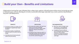 Organisations training their own LLM gives them a deep moat: superior LLM performance either across horizontal use cases
or tailored to your vertical, allowing you to build a sustainable advantage, especially if you create a positive data/feedback
loop with LLM deployments.
katonic.ai
LIMITATIONS RECOMMENDATION
Very expensive endeavor with high risks.
Need cross-domain knowledge
spanning from NLP/ML, subject matter
expertise, software and hardware
expertise.
Best if you need to change model
architecture or training dataset
from existing pre-trained LLMs.
BENEFITS
Specialised models are smaller and can
be deployed on significantly cheaper
hardware
Specialised models are significantly
more accurate for the same resource
budget
Gain full control of training datasets
used for the pre-training,
Typically, you have or will have
lots of proprietary data associated
with your LLM to create a
continuous model improvement
loop for sustainable competitive
advantage
Less efficient than Customise option as
it leverages existing LLMs, learning from
an entire internet’s worth of data and
can provide a solid starting point
Build your Own - Benefits and Limitations
 