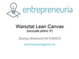 Warsztat Lean Canvas
(szczupłe płótno :P)
Startup Weekend KATOWICE
janek.kaczmarek@gmail.com
 