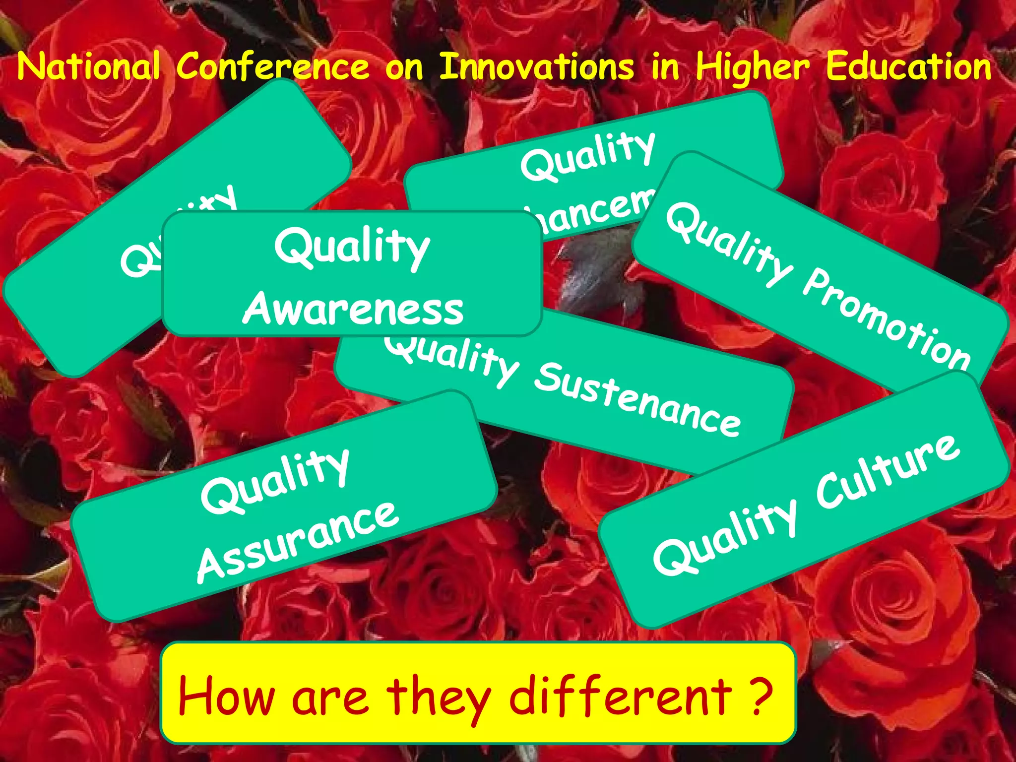 National Conference on Innovations in Higher Education Quality Quality Enhancement Quality Sustenance Quality Promotion Quality Culture Quality Awareness Quality Assurance How are they different ? 