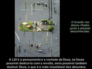 O furacão nos deixou ilhados junto a pessoas desconhecidas. A  LEI  é o pensamento e a vontade de Deus, se fosse  possível destruí-la com a revolta, seria possível também  destruir Deus, o que é o mais inaceitável dos absurdos.  