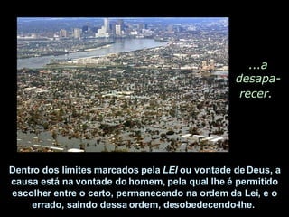 ...a desapa-recer.   Dentro dos limites marcados pela  LEI  ou vontade de Deus, a causa está na vontade do homem, pela qual lhe é permitido escolher entre o certo, permanecendo na ordem da Lei, e o errado, saindo dessa ordem, desobedecendo-lhe.  