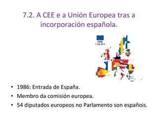 7.2. A CEE e a Unión Europea tras a
          incorporación española.




• 1986: Entrada de España.
• Membro da comisión ...
