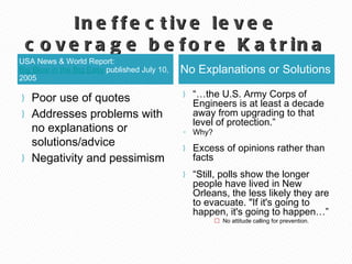 Ineffective levee coverage before Katrina USA News & World Report:  Big Blow in the Big Easy  published July 10, 2005 No Explanations or Solutions Poor use of quotes Addresses problems with no explanations or solutions/advice Negativity and pessimism “… the U.S. Army Corps of Engineers is at least a decade away from upgrading to that level of protection.” Why? Excess of opinions rather than facts “ Still, polls show the longer people have lived in New Orleans, the less likely they are to evacuate. "If it's going to happen, it's going to happen…” No attitude calling for prevention. 
