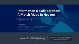 M A S T E R 	 O F 	 S C I E N C E 	 I N	
Informa3on	and	Knowledge	Strategy	
Informa(on	&	Collabora(on:		
A	Match	Made	In	Heaven	
September 28, 2017
Kate Pugh
AlignConsulting and Columbia University
kp2462@columbia.edu
 