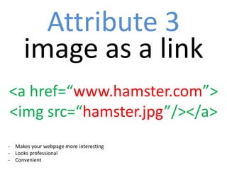 Attribute 3
      image as a link
<a href=“www.hamster.com”>
<img src=“hamster.jpg”/></a>
- Makes your webpage more interesting
- Looks professional
- Convenient
 