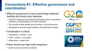  Effective governance is key to promoting resilience
building and timely crisis response
 Central to deploying and sustaining anticipatory action, humanitarian
assistance, social protection, and other programs
 Can promote market stability and innovation in the private sector
 Contributes to trust and social cohesion, thwarting future conflicts
 Coordination is critical
 International – national – local
 Public – private – civil society
 Global south – global north
 Policy forums can help build consensus
 Action must be grounded in evidence
Cornerstone #1: Effective governance and
coordination
 