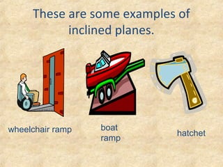 These are some examples of
inclined planes.
wheelchair ramp boat
ramp
hatchet
 