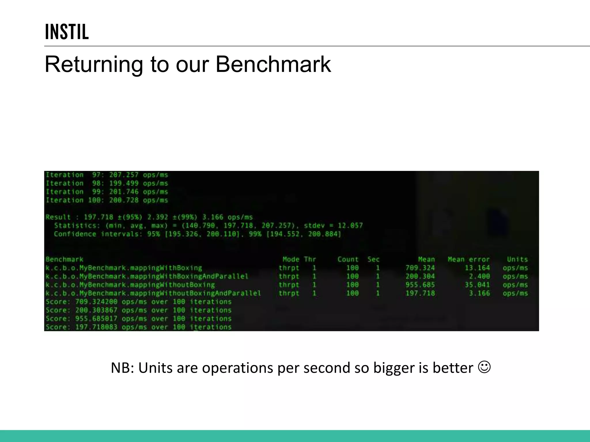 Returning to our Benchmark NB: Units are operations per second so bigger is better  