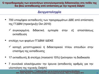 Ο προσδιορισμός των ικανοτήτων αποτελεσματικής διδασκαλίας στο πεδίο της
δια βίου εκπαίδευσης από απόσταση με την τεχνική Delphi

Δειγματοληψία
 700 υποψήφιοι εκπαιδευτές των προγραμμάτων ΔΒΕ από απόσταση
της ΓΓΔΒΜ (προκήρυξη Οκτ.2010)
 συγκεκριμένη
εκπαίδευση

διδακτική

εμπειρία

στην

εξ

αποστάσεως

 στελέχη των φορέων ΓΓΔΒΜ/ ΙΔΕΚΕ
 κατοχή μεταπτυχιακού ή διδακτορικού τίτλου σπουδών στην
επιστήμη της εκπαίδευσης
 17 εκπαιδευτές & στελέχη (ποσοστό 15%) ξεκίνησαν τη διαδικασία
 7 συνολικά ολοκλήρωσαν την έρευνα (αποδεκτός αριθμός για την
υλοποίηση της τεχνικής Delphi)
Κώστας Κατσούλας -- 7ο Διεθνές Συνέδριο για την Ανοικτή και εξ Αποστάσεως Εκπαίδευση
ΕΑΠ, ΕΔΑΕ, Περιοδικό «Ανοικτή Εκπαίδευση», Ελληνογερμανική Αγωγή, Αθήνα, 8-10 Νοεμβρίου 2013

11

 