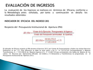 La evaluación de los Ingresos se realizara en términos de Eficacia, conforme a
la Metodología antes señalada, por tanto a continuación se detalla los
resultados obtenidos:
INDICADOR DE EFICACIA DEL INGRESO (IEI)
Respecto del Presupuesto Institucional de Apertura (PIA)
El indicador de Eficacia respecto al PIA durante el Ejercicio 2012 por Fuente de Financiamiento y Rubro (no incluye Recursos
Ordinarios) es de 1.51; Esta diferencia se debe en gran parte a los S/. 14´122,527.83 correspondientes a Mayores
Transferencias, S/. 1´725,596.02 de Mayores Ingresos y S/. 3´114,827.30 que corresponde a los Saldos de Balance de los
rubros 19 Recursos por Operaciones Oficiales de Crédito y 13 Donaciones y Transferencias no programadas en el
Presupuesto Institucional de Apertura 2012.
 