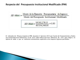 Respecto del Presupuesto Institucional Modificado (PIM)
El indicador de Eficacia respecto al PIM durante el Ejercicio 2012 por Fuente de Financiamiento y Rubro
(no incluye Recursos Ordinarios) es de 0.93. Cabe indicar que esta diferencia de 0.07 para llegar a lo
óptimo se debe a que se realizaron estimaciones superiores a los mayores ingresos percibidos.
 