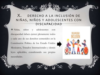 X. DERECHO A LA INCLUSIÓN DE
NIÑAS, NIÑOS Y ADOLESCENTES CON
DISCAPACIDAD
 Niñas, niños y adolescentes con
discapacidad deben ejercer plenamente todos
y cada uno de sus derechos contenidos en la
Constitución Política de los Estado Unidos
Mexicanos, Tratados Internacionales y demás
leyes aplicables, considerando sus propias
necesidades.
 