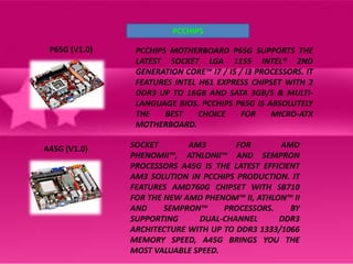 PCCHIPS

 P65G (V1.0)    PCCHIPS MOTHERBOARD P65G SUPPORTS THE
                LATEST SOCKET LGA 1155 INTEL® 2ND
                GENERATION CORE™ I7 / I5 / I3 PROCESSORS. IT
                FEATURES INTEL H61 EXPRESS CHIPSET WITH 2
                DDR3 UP TO 16GB AND SATA 3GB/S & MULTI-
                LANGUAGE BIOS. PCCHIPS P65G IS ABSOLUTELY
                THE    BEST    CHOICE     FOR    MICRO-ATX
                MOTHERBOARD.

A45G (V1.0)    SOCKET       AM3        FOR        AMD
               PHENOMII™, ATHLONII™ AND SEMPRON
               PROCESSORS A45G IS THE LATEST EFFICIENT
               AM3 SOLUTION IN PCCHIPS PRODUCTION. IT
               FEATURES AMD760G CHIPSET WITH SB710
               FOR THE NEW AMD PHENOM™ II, ATHLON™ II
               AND     SEMPRON™     PROCESSORS.     BY
               SUPPORTING     DUAL-CHANNEL       DDR3
               ARCHITECTURE WITH UP TO DDR3 1333/1066
               MEMORY SPEED, A45G BRINGS YOU THE
               MOST VALUABLE SPEED.
 