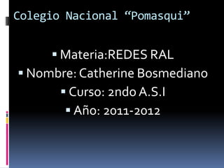 Colegio Nacional “Pomasqui” Materia:REDES RAL Nombre: Catherine Bosmediano Curso: 2ndo A.S.I Año: 2011-2012 