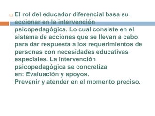    El rol del educador diferencial basa su
    accionar en la intervención
    psicopedagógica. Lo cual consiste en el
    sistema de acciones que se llevan a cabo
    para dar respuesta a los requerimientos de
    personas con necesidades educativas
    especiales. La intervención
    psicopedagógica se concretiza
    en: Evaluación y apoyos.
    Prevenir y atender en el momento preciso.
 
