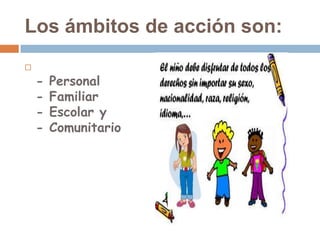 Los ámbitos de acción son:

    -   Personal
    -   Familiar
    -   Escolar y
    -   Comunitario
 
