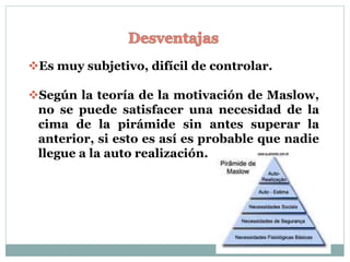 Es muy subjetivo, difícil de controlar.
Según la teoría de la motivación de Maslow,
no se puede satisfacer una necesidad de la
cima de la pirámide sin antes superar la
anterior, si esto es así es probable que nadie
llegue a la auto realización.
 