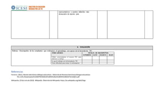 representativos y cuentos infantiles más
destacados de nuestro país.
6. EVALUACIÓN
Rúbrica -Desempeños de los estudiantes que evidencien el aprendizaje con apoyo de la herramienta TIC.
INDICADORES NIVELES DE DESEMPÉÑOS
SUPERIOR ALTO BASICO BAJO
Utilizó correctamente, el recurso TIC, para
elaborar su trabajo.
Le gustó trabajar con la herramienta TIC.
Tiene dificultad para extraer la información.
Referencias
Ferreiro.(2011). Revista electrónica diálogoseducativos. Obtenidode Revistaelectrónicadiálogoseducativos:
file:///D:/Downloads/EL%20APRENDIZAJE%20EN%20LA%20ERA%20DIGITAL%20(3).pdf
Wikipedia.(25de Juliode 2019). Wikipedia. Obtenidode Wikipedia:https://es.wikipedia.org/wiki/Diigo
 