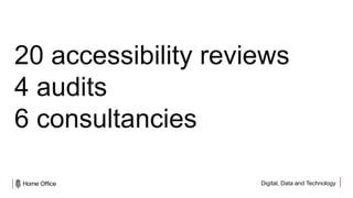 Digital, Data and Technology
20 accessibility reviews
4 audits
6 consultancies
 