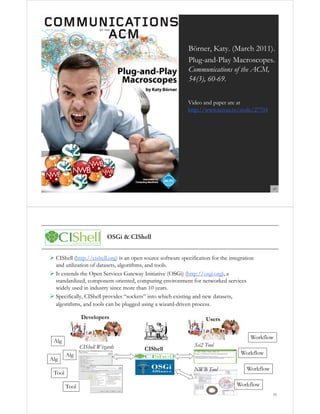 Börner, Katy. (March 2011).
Plug-and-Play Macroscopes.
Communications of the ACM,
54(3), 60-69.
Video and paper are at
http://www.scivee.tv/node/27704

49

OSGi & CIShell
 CIShell (http://cishell.org) is an open source software specification for the integration
and utilization of datasets, algorithms, and tools.
 It extends the Open Services Gateway Initiative (OSGi) (http://osgi.org), a
standardized, component oriented, computing environment for networked services
widely used in industry since more than 10 years.
 Specifically, CIShell provides “sockets” into which existing and new datasets,
algorithms, and tools can be plugged using a wizard-driven process.
Developers

Workflow

Alg
Alg

Users

CIShell Wizards
Alg

CIShell

Sci2 Tool
Workflow
NWB Tool

Tool
Tool

Workflow
Workflow
50

 