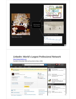 Find your way
Information
Technology

Find collaborators, friends
Terra bytes of data

Identify trends

11

LinkedIn: World's Largest Professional Network
https://www.linkedin.com
Founded in December 2002 and launched on May 5, 2003. 

12

 