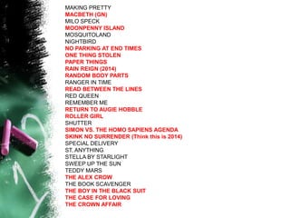 MAKING PRETTY
MACBETH (GN)
MILO SPECK
MOONPENNY ISLAND
MOSQUITOLAND
NIGHTBIRD
NO PARKING AT END TIMES
ONE THING STOLEN
PAPER THINGS
RAIN REIGN (2014)
RANDOM BODY PARTS
RANGER IN TIME
READ BETWEEN THE LINES
RED QUEEN
REMEMBER ME
RETURN TO AUGIE HOBBLE
ROLLER GIRL
SHUTTER
SIMON VS. THE HOMO SAPIENS AGENDA
SKINK NO SURRENDER (Think this is 2014)
SPECIAL DELIVERY
ST. ANYTHING
STELLA BY STARLIGHT
SWEEP UP THE SUN
TEDDY MARS
THE ALEX CROW
THE BOOK SCAVENGER
THE BOY IN THE BLACK SUIT
THE CASE FOR LOVING
THE CROWN AFFAIR
 