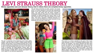 LEVI STRAUSS THEORYBinary opposites was Levi strauss’ theory, that in videos there are complete binary opposites.
The girl is presented at the beginning to be nerdy geeky,
childish, a girl who likes to dress in childish pastel coloured
clothes, and focuses on her studying because she is seen
to have a poster of the planets by her bed and the way she
is seen to be holding large books and a pen in her hand as
if she is studying. Her large glasses, braces, plait, and
plaster on her knee also suggest that she is stereotypically
nerdy because it implies she is clumsy and doesn’t hold
much regard for her personal appearance.
The girl being presented as pretty, popular, and social,
which is a binary opposite to how she was represented
earlier in the music video and at the end of the music
video. The idea being that the binary opposite is
emphasised because she goes from being nerdy and
unpopular to being beautiful and social, which is the
main focus of the music video and interest of the music
video. The binary opposite is effective because it is
meant to shock and interest the viewer because of how
drastically she has been made over.
This scene is a binary opposite to the rest of the music
video because it is set in a completely different place, time
period, and situation. This binary opposite has been done
to give an insight into the teenage boys mind and show
that he fancies her and imagines them kissing and her
being his princess and him being the knight. This binary
opposite is effective because it is amusing to viewers and
allows people insight into the boys mind and what the
social situation is among the party.
 