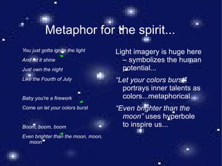 Metaphor for the spirit... You just gotta ignite the light And let it shine Just own the night Like the Fourth of July Baby you're a firework Come on let your colors burst Boom, boom, boom Even brighter than the moon, moon, moon Light imagery is huge here – symbolizes the human potential... “ Let your colors burst”  portrays inner talents as colors...metaphorical “ Even brighter than the moon”  uses hyperbole to inspire us... 