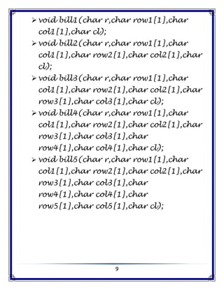 9
void bill1(char r,char row1[1],char
col1[1],char cl);
void bill2(char r,char row1[1],char
col1[1],char row2[1],char col2[1],char
cl);
void bill3(char r,char row1[1],char
col1[1],char row2[1],char col2[1],char
row3[1],char col3[1],char cl);
void bill4(char r,char row1[1],char
col1[1],char row2[1],char col2[1],char
row3[1],char col3[1],char
row4[1],char col4[1],char cl);
 void bill5(char r,char row1[1],char
col1[1],char row2[1],char col2[1],char
row3[1],char col3[1],char
row4[1],char col4[1],char
row5[1],char col5[1],char cl);
 