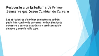 Respuesta a un Estudiante de Primer 
Semestre que Desea Cambiar de Carrera 
Los estudiantes de primer semestre no podrán 
pedir intercambio de carrera si no han finalizado 
semestre o periodo académico y será concedido 
siempre y cuando halla cupo. 
 